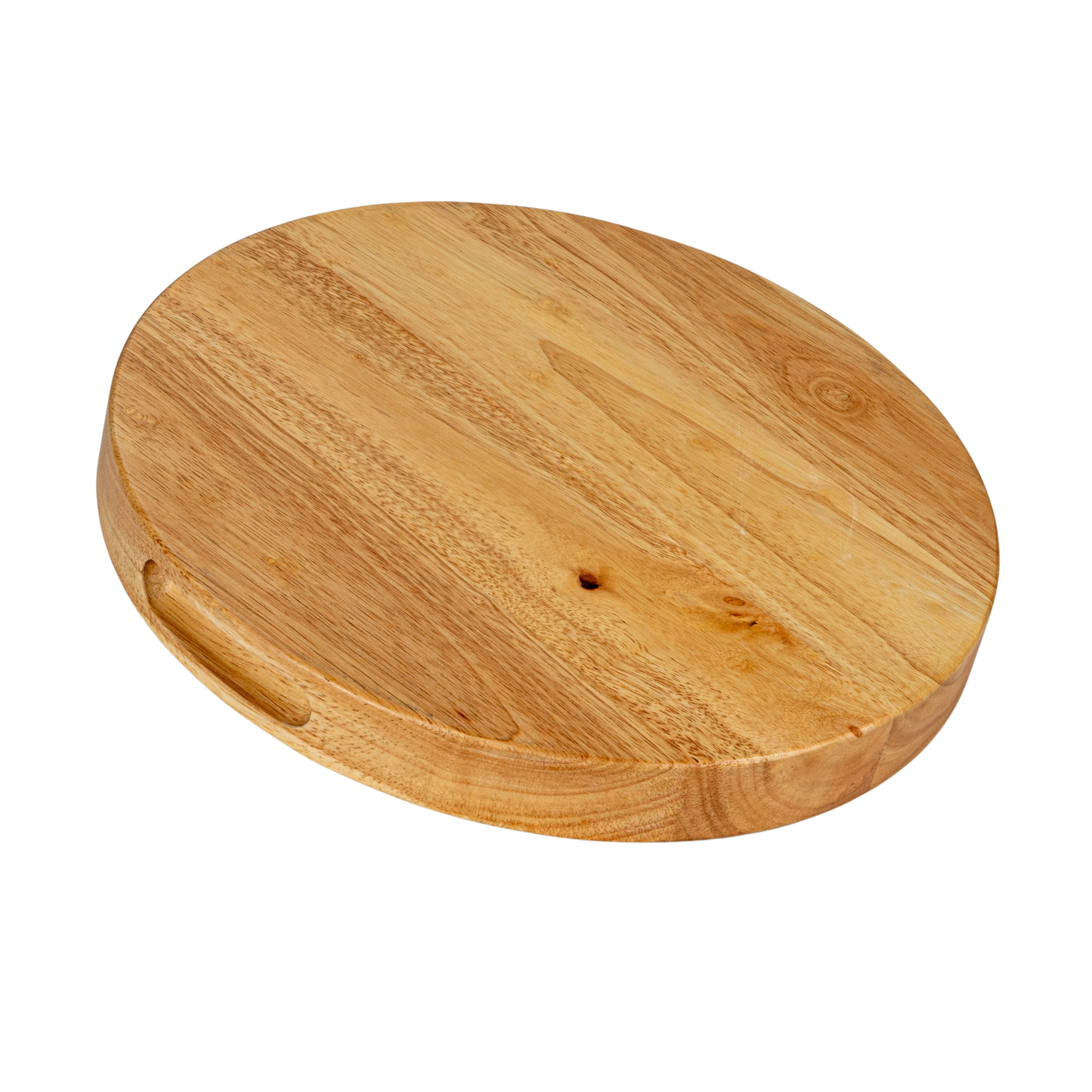 Natural Rubberwood Round Cheese and Cutting Board with Handles