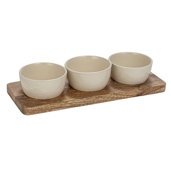 Creative Co-Op Round Stoneware Bowls on a Mango Wood Tray, Cream and Natural, Set of 3