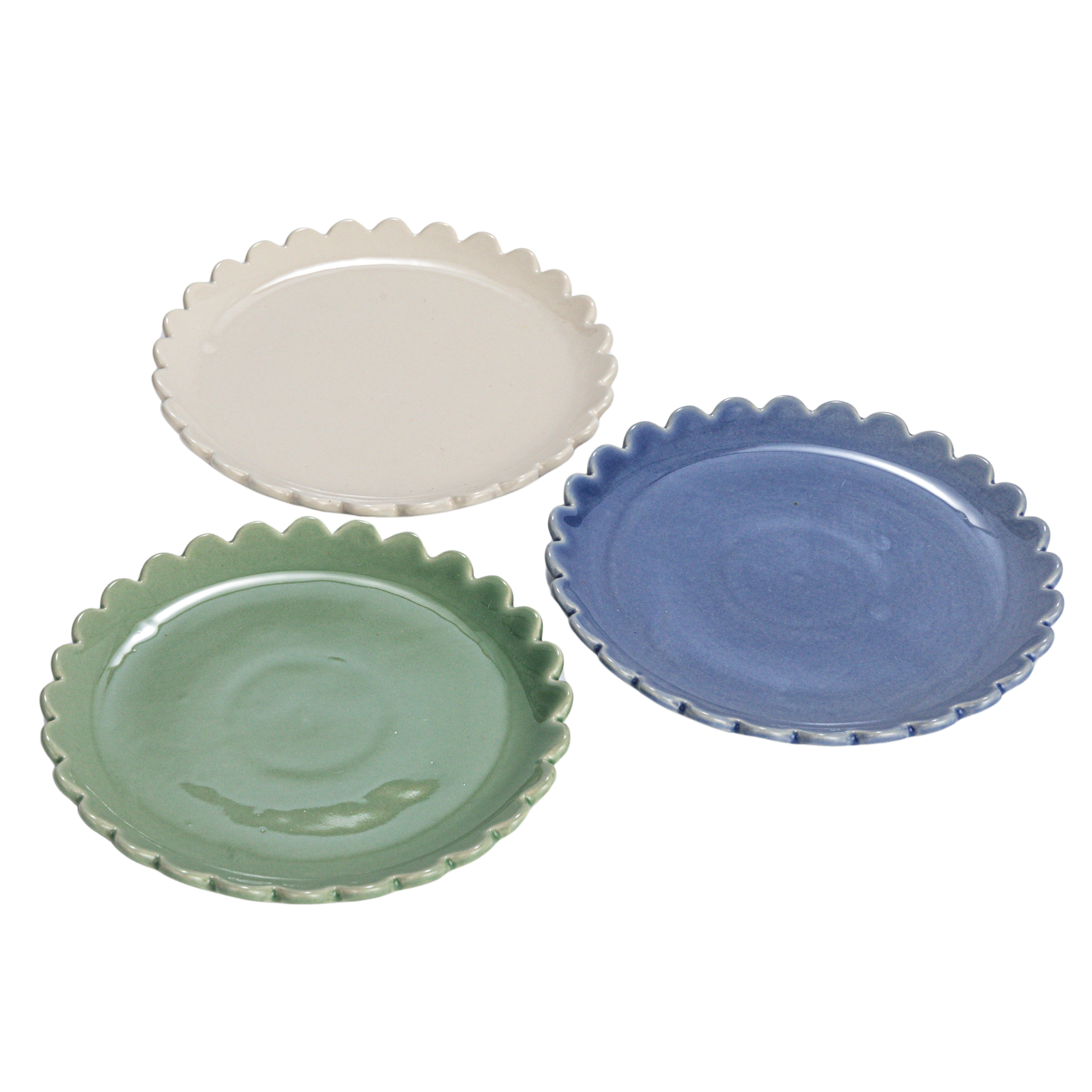 Set of 12 Multicolor Ceramic Scalloped Edge Appetizer Plates