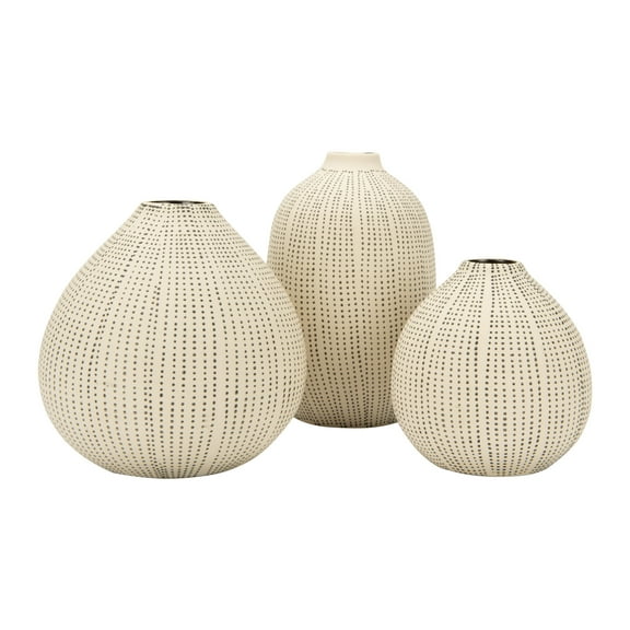 Creative Co-Op Round Stoneware Vases with Polka Dot Finish, White and Black, Set of 3