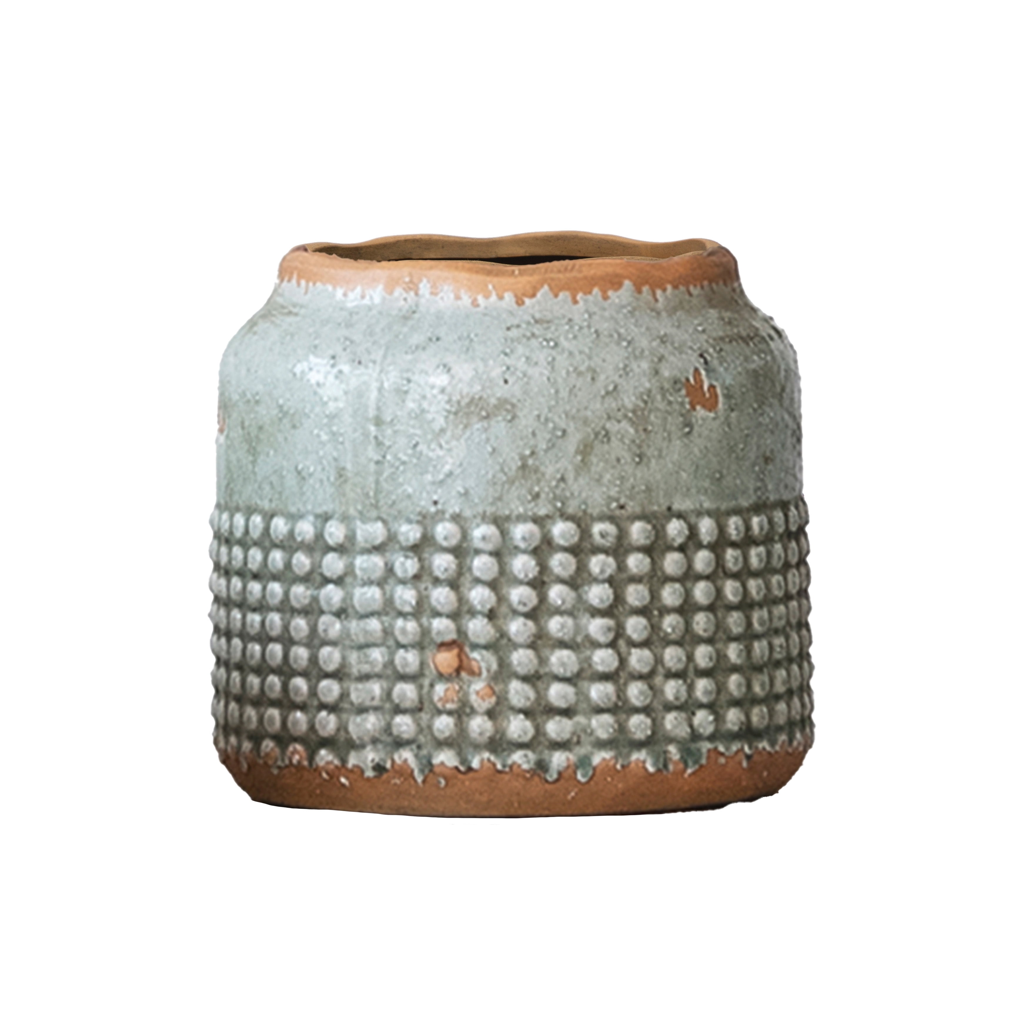 Distressed Gray and Terra Cotta Hobnail Planter Vase
