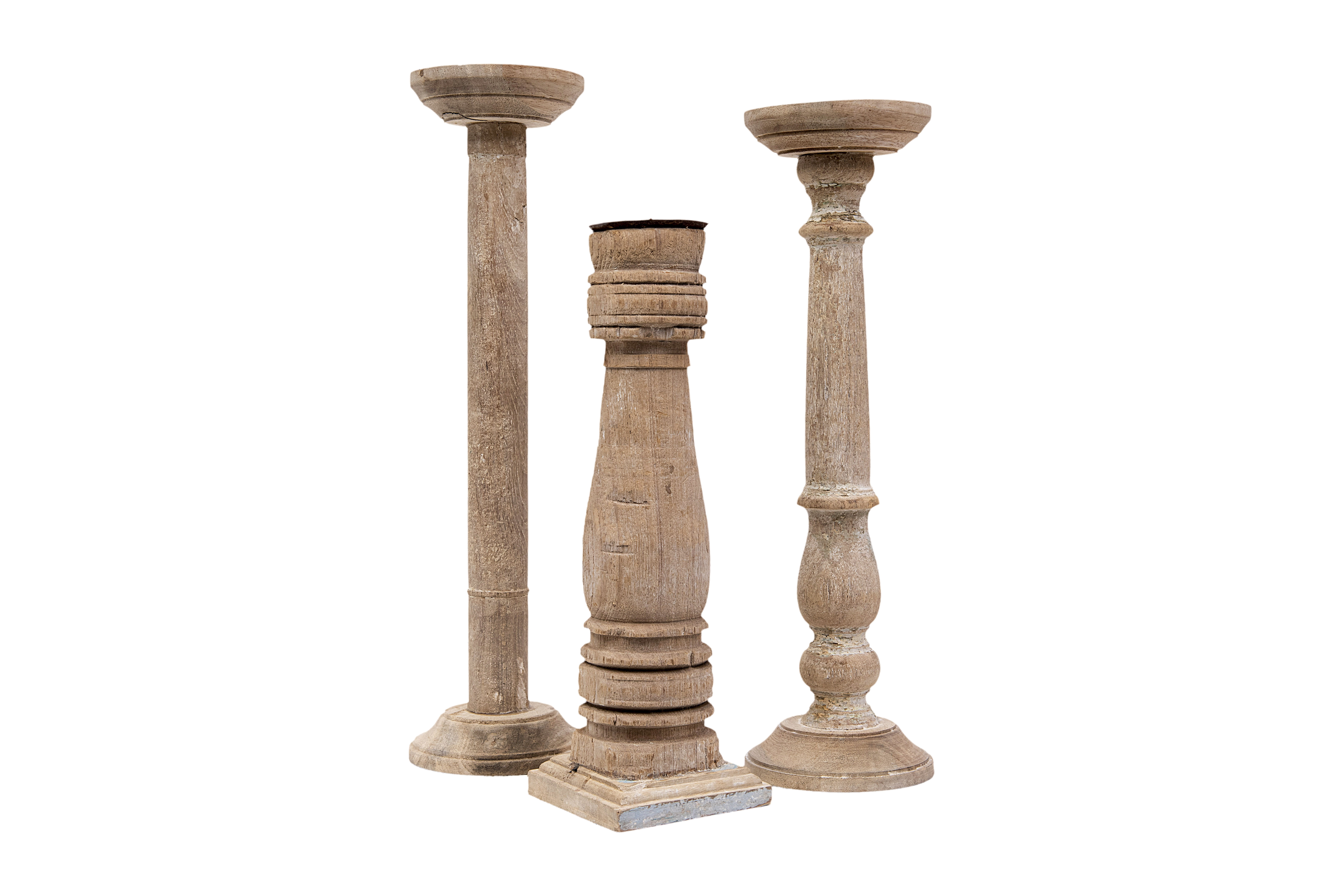 Rustic Found Wood & Metal Pillar Candleholder Set, 6 Pieces