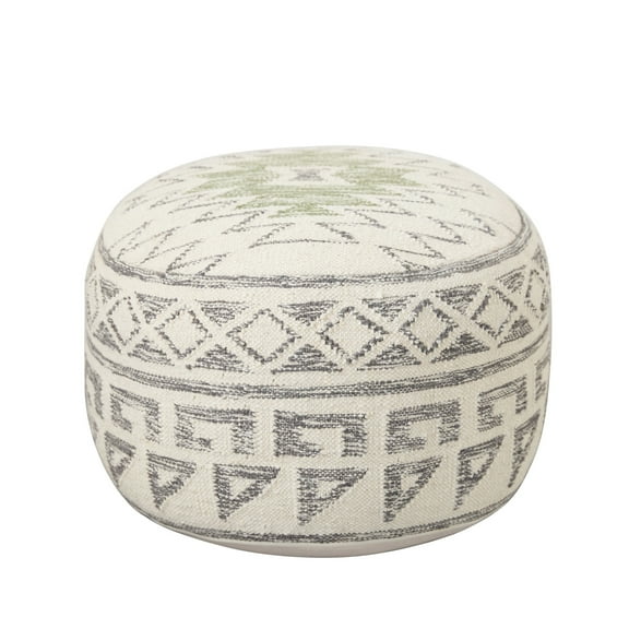 Creative Co-Op Round Wool Blend Kilim Pouf with Geometric Design, Grey