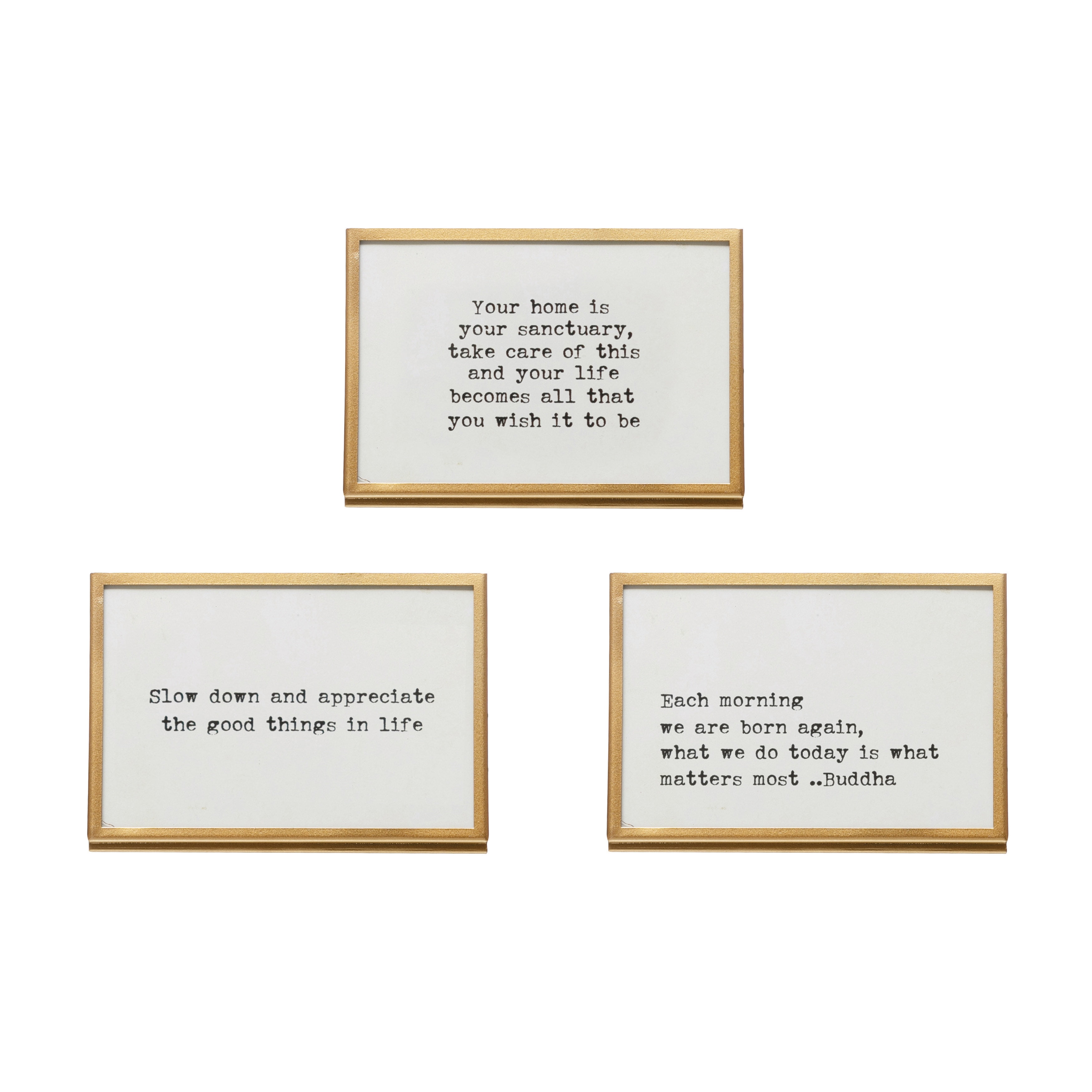 Set of 3 Gold Metal and Glass Motivational Quote Frames