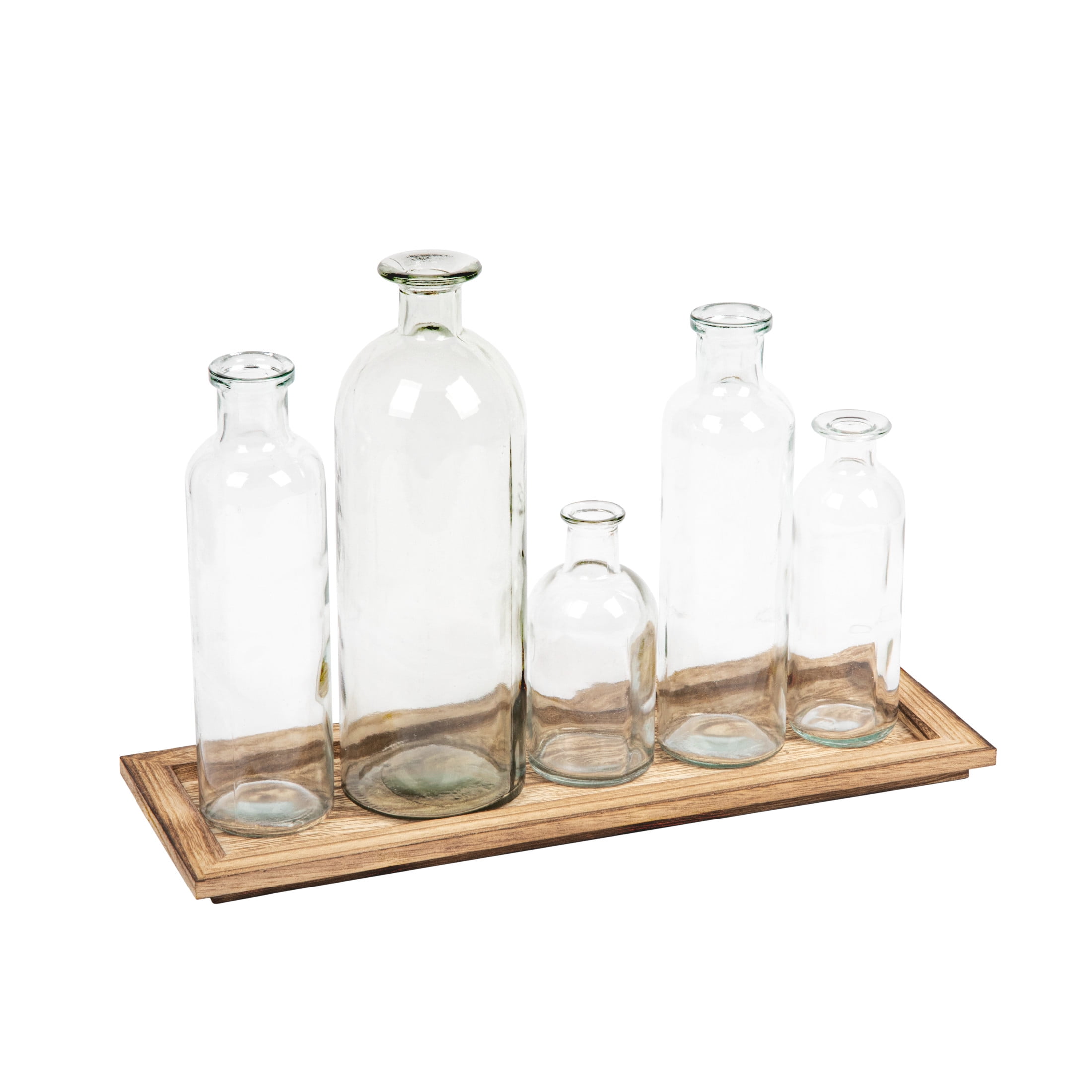 Clear Glass Bottle Vases on Natural Wood Tray
