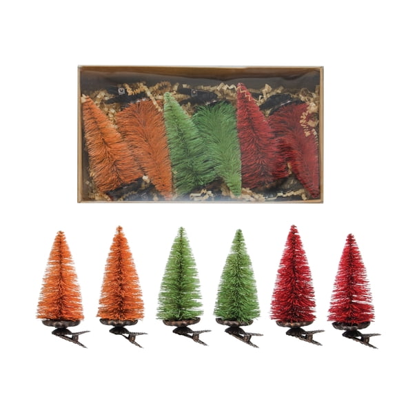 Creative Co-Op Sisal Bottle Brush Tree Clip-on Ornaments, Multicolor, Boxed Set of 6