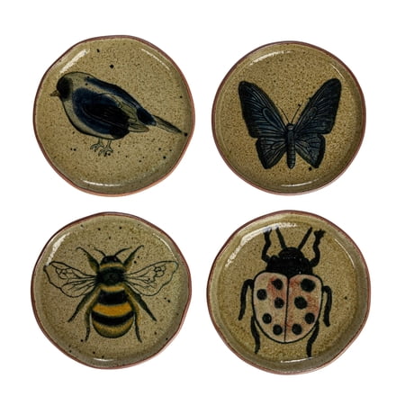 Creative Co-Op Small Stoneware Plate Set with Insect and Bird Designs, Multicolor, Set of 4