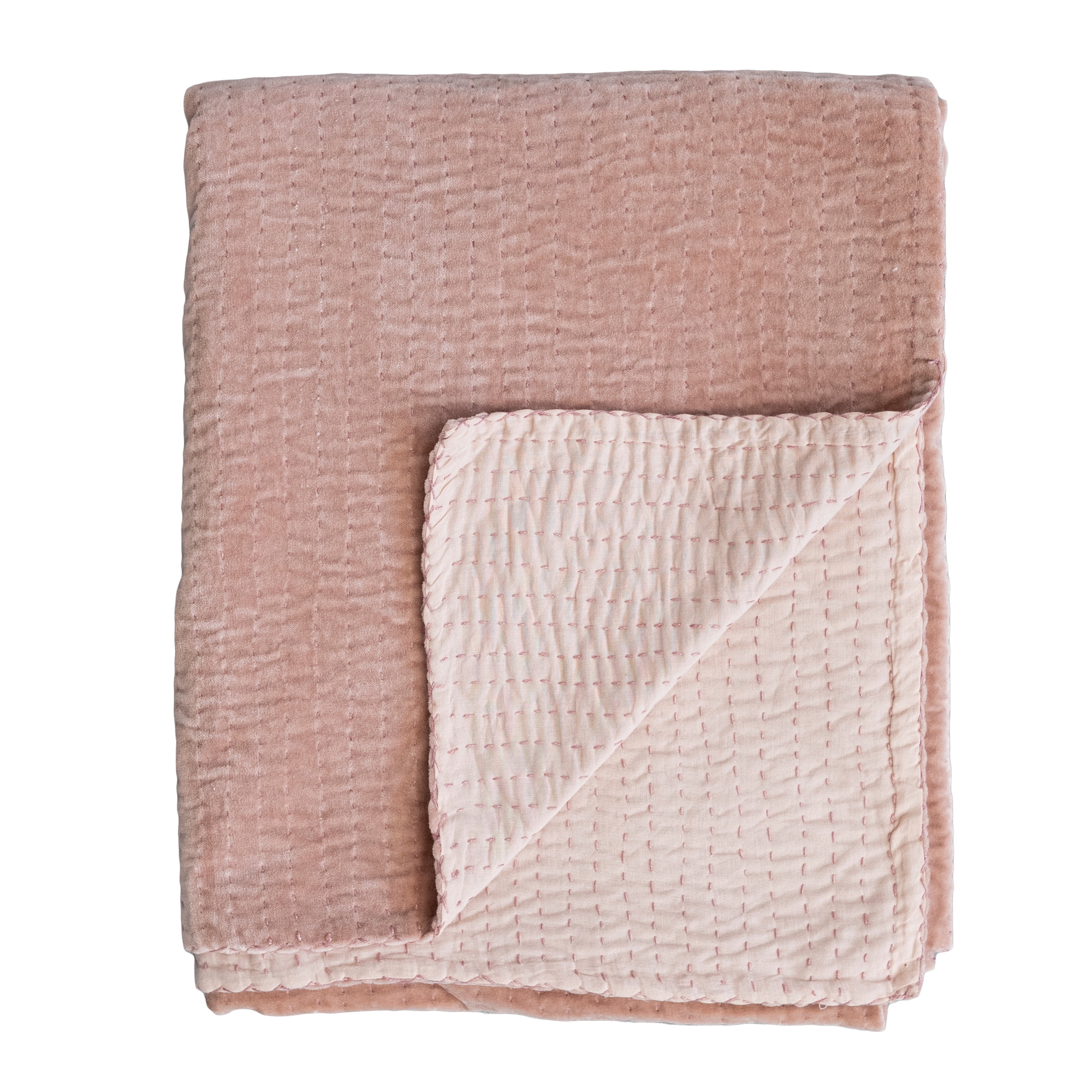 Peach Cotton Velvet Kantha Stitch Throw Blanket
