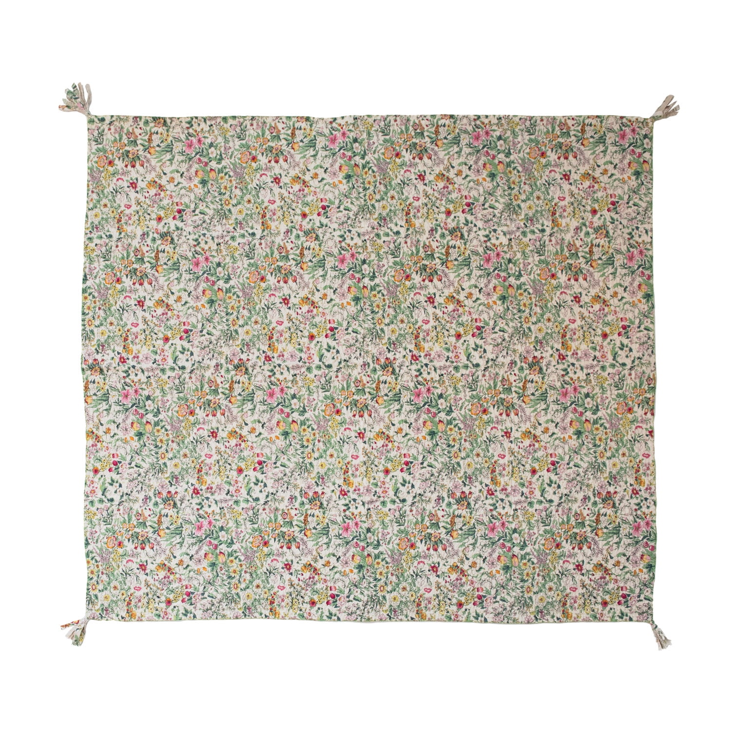 Multicolor Quilted Cotton Floral Throw with Tassels, 60" x 50"