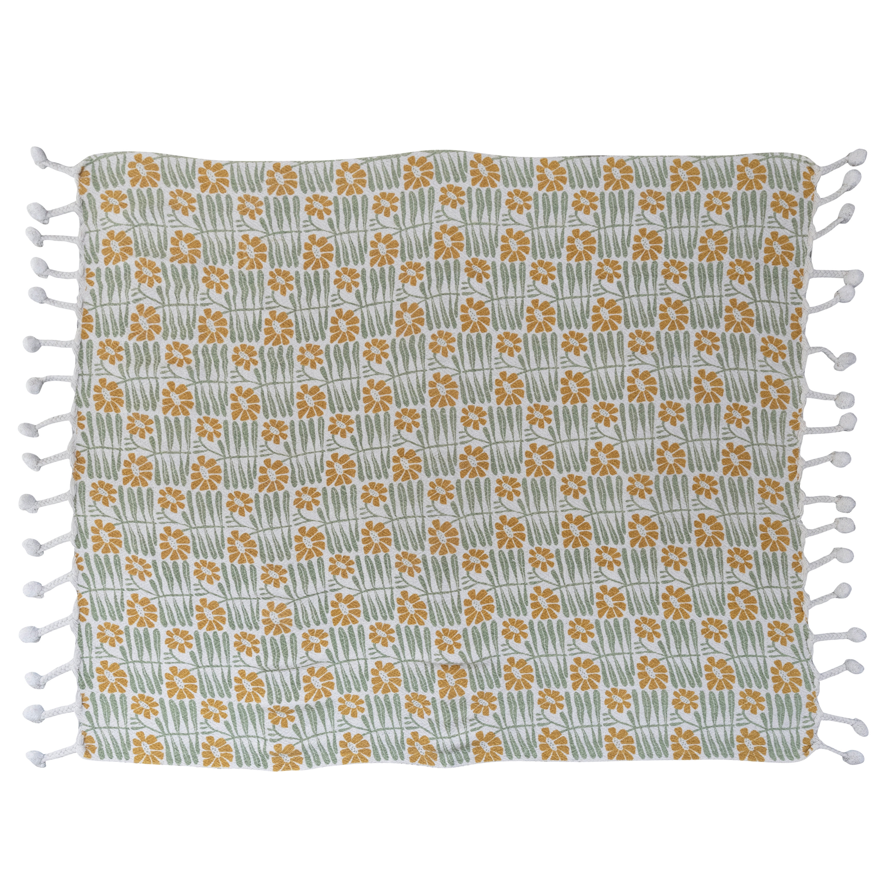 Sage and Mustard Floral Cotton Blend Throw with Pompom Tassels