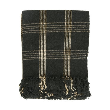 Creative Co-Op Soft Woven Reclaimed Cotton Blend Throw with Fringe, Black and Tan Plaid