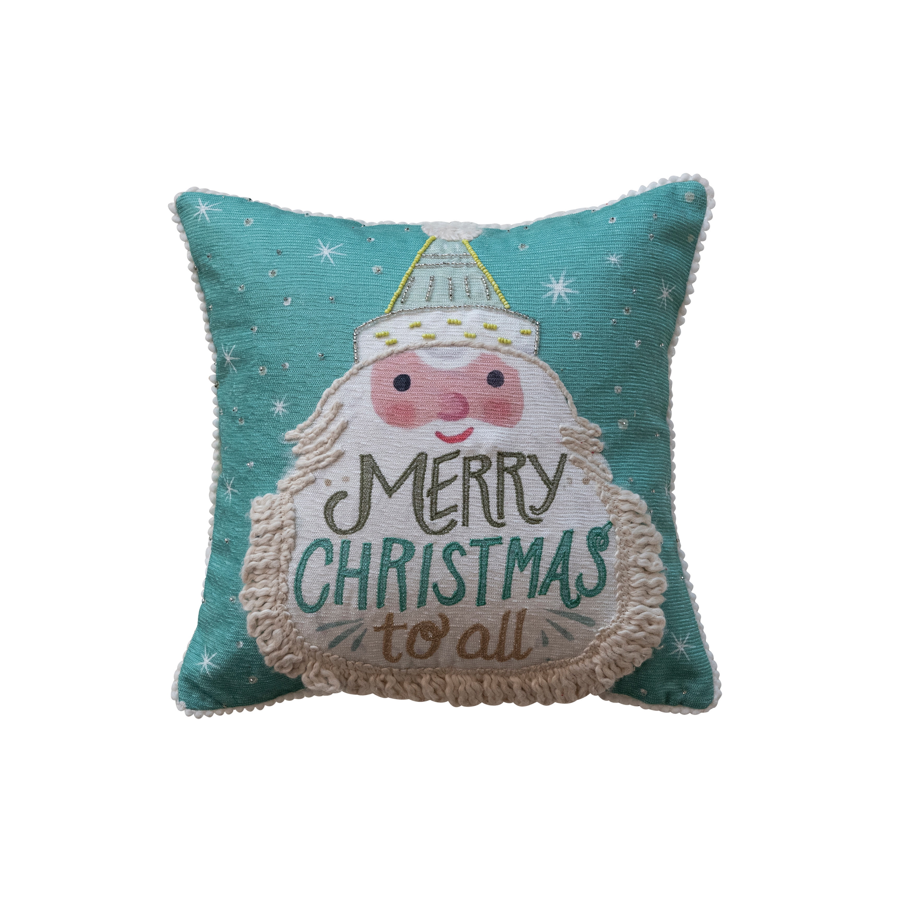 Creative Co-Op Square Cotton Blend Printed Pillow with Embroidered Santa, Fringe and Pom Pom Trim "Merry Christmas To All", Multicolor