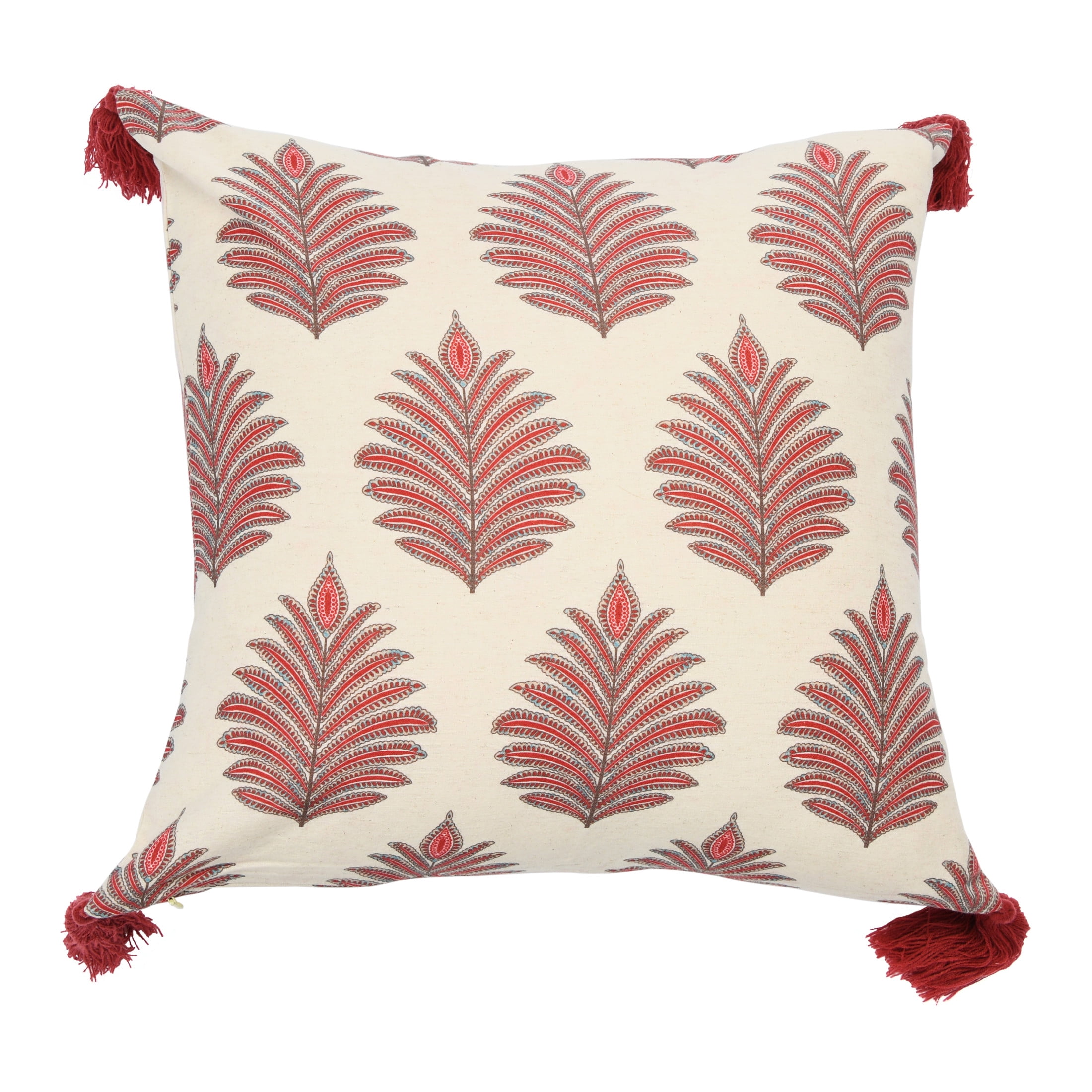 Red and Beige Cotton Fern Pattern Throw Pillow Cover
