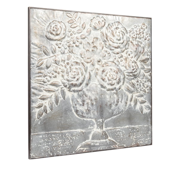 Creative Co-Op Square Metal Floral Bouquets Wall Décor with Distressed Antique Finish, White