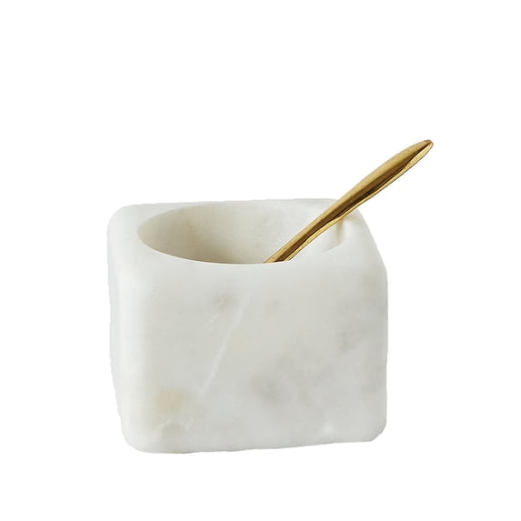Creative Co-Op White Marble Salt Bowl with Salt Spoon