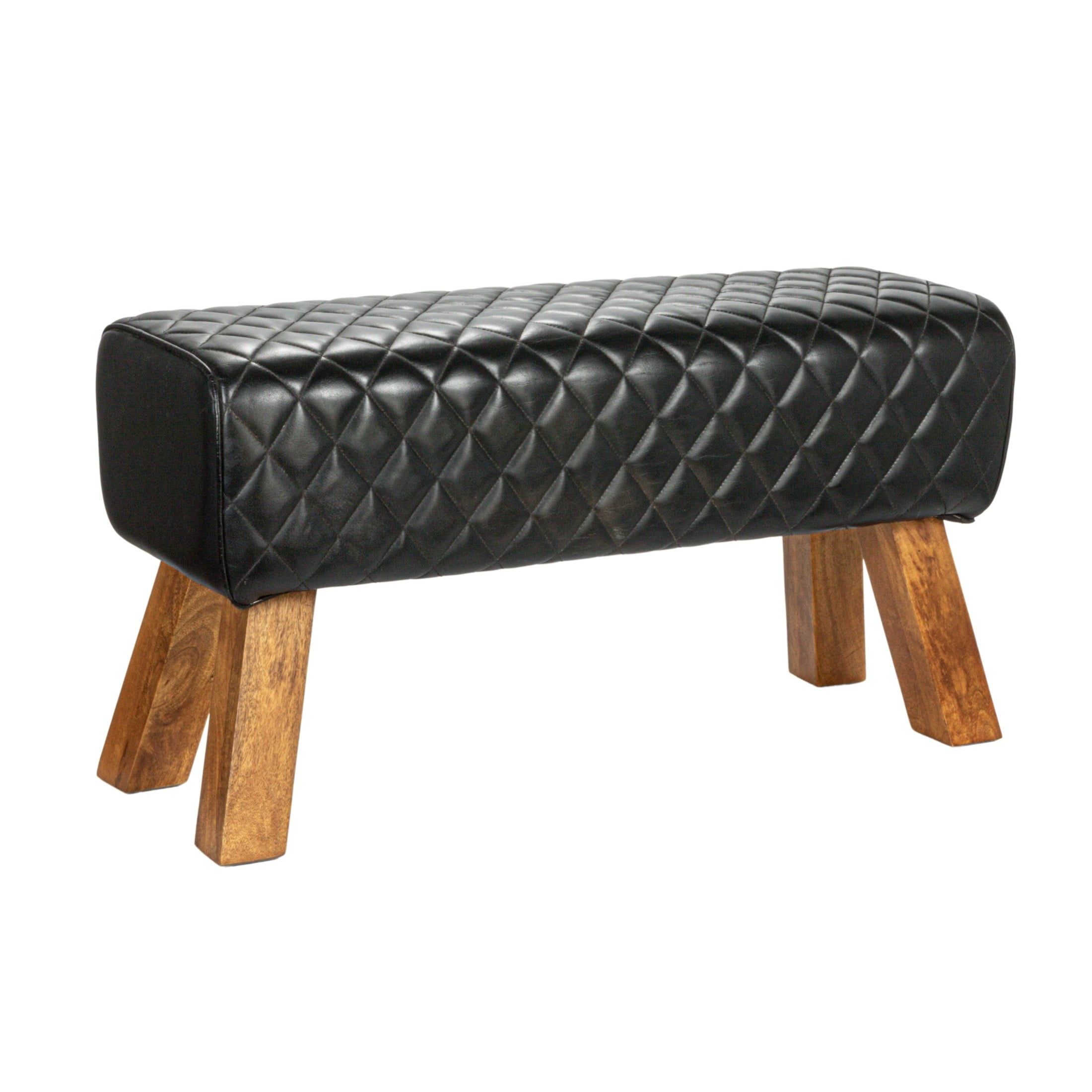 Black Stitched Genuine Leather Bench with Mango Wood Legs