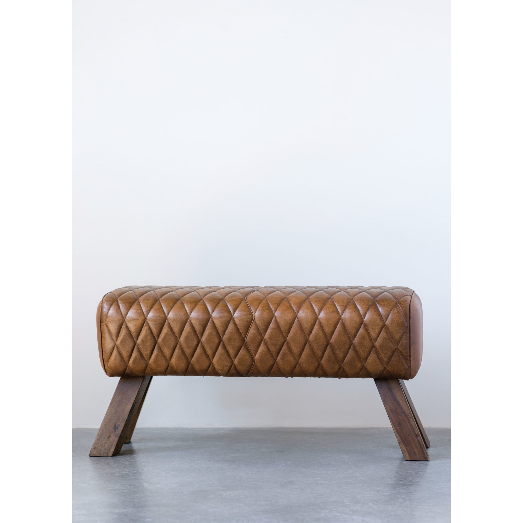 Brown Stitched Leather Upholstered Bench with Mango Wood Frame