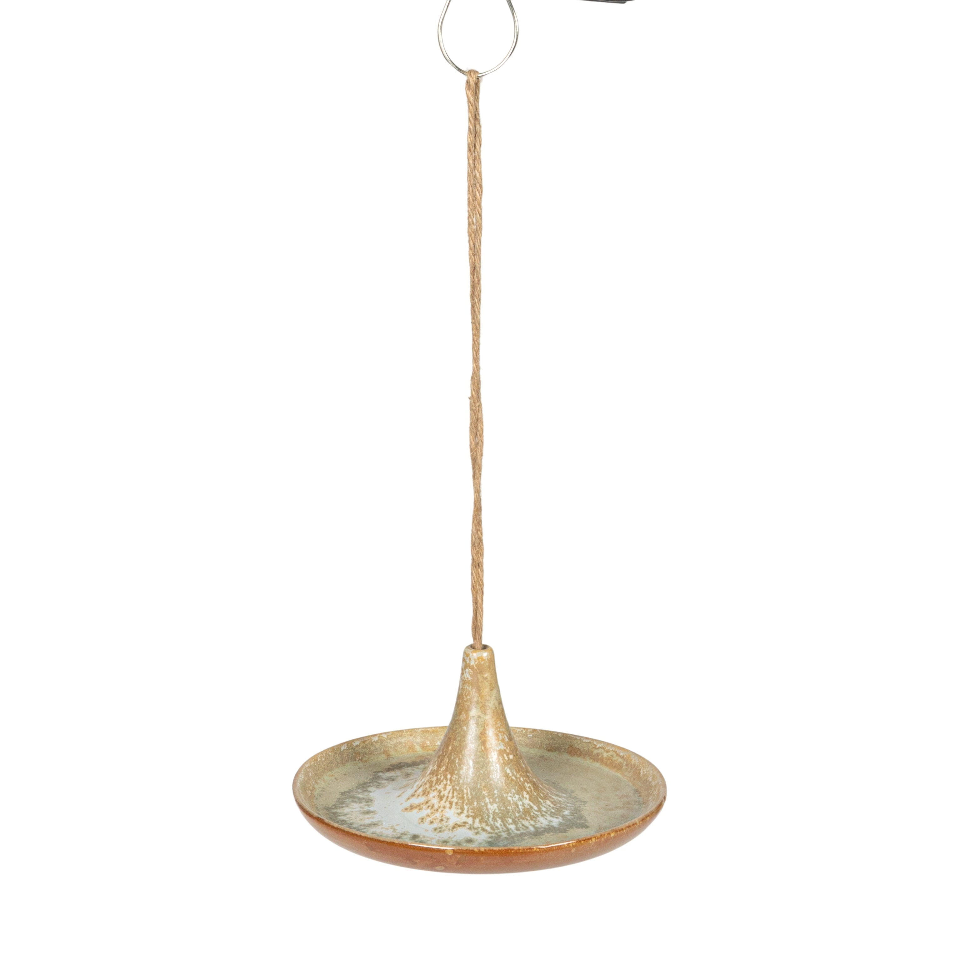 Tan Reactive Glaze Ceramic Hanging Bird Feeder with Jute Hanger