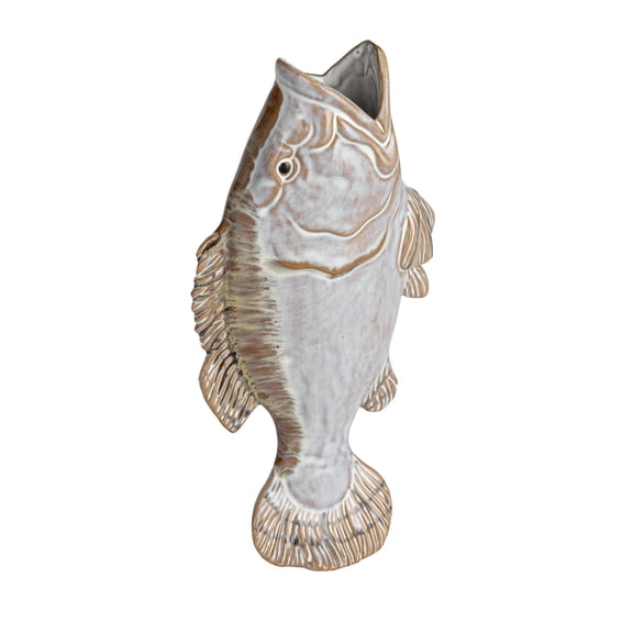 Creative Co-Op Stoneware Fish Shaped Wall Vase with Reactive Glaze, White and Tan