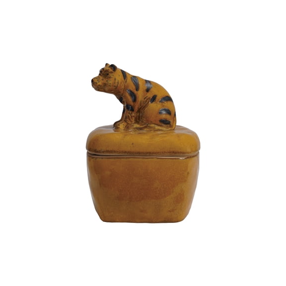 Creative Co-Op Stoneware Jar with Tiger Handle and Lid with Reactive Glaze, Orange