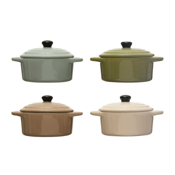 Creative Co-Op Stoneware Mini Bake Pans with Lids, Set of 4 Colors