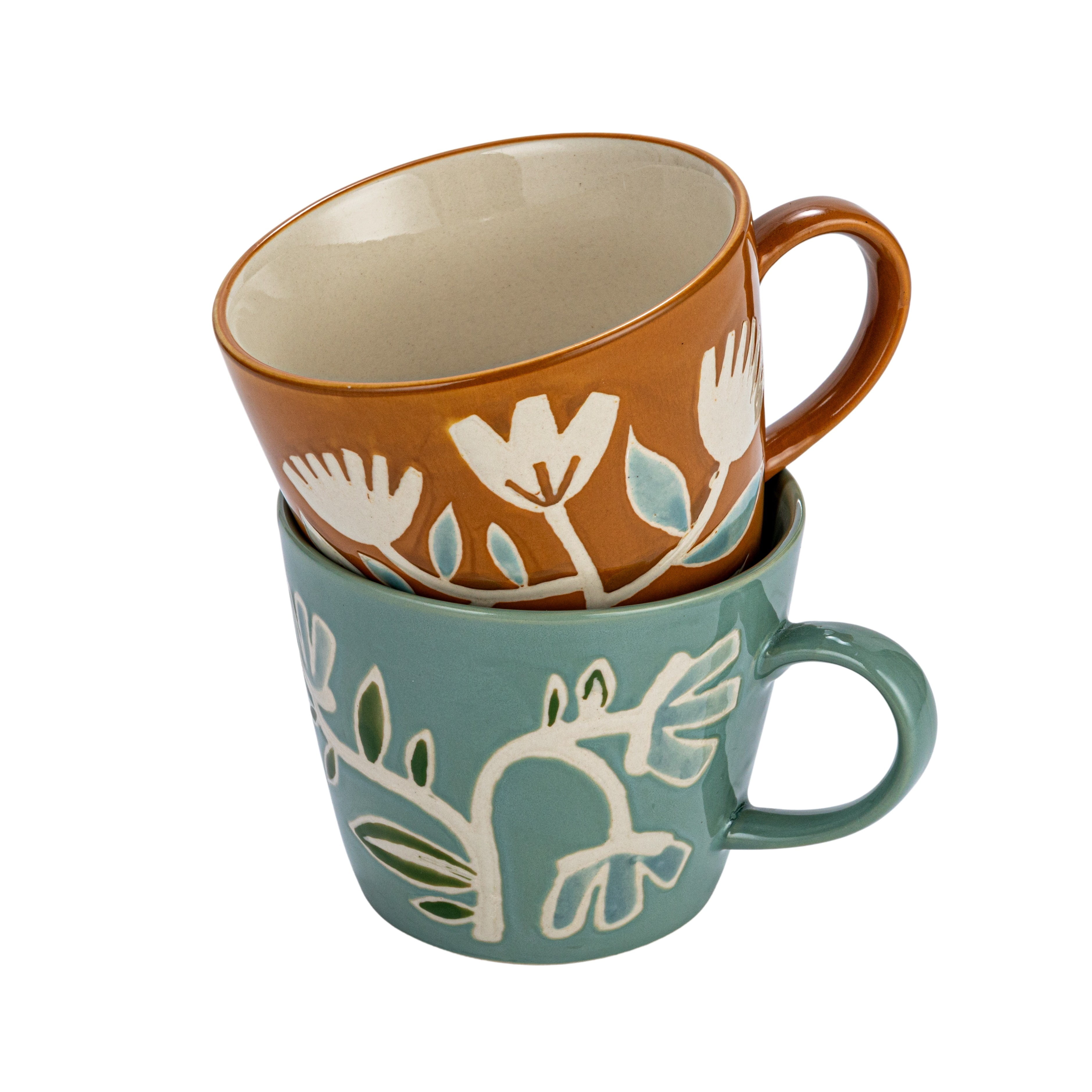 Hand-Painted Botanical Ceramic Mugs in Orange and Green, Set of 2