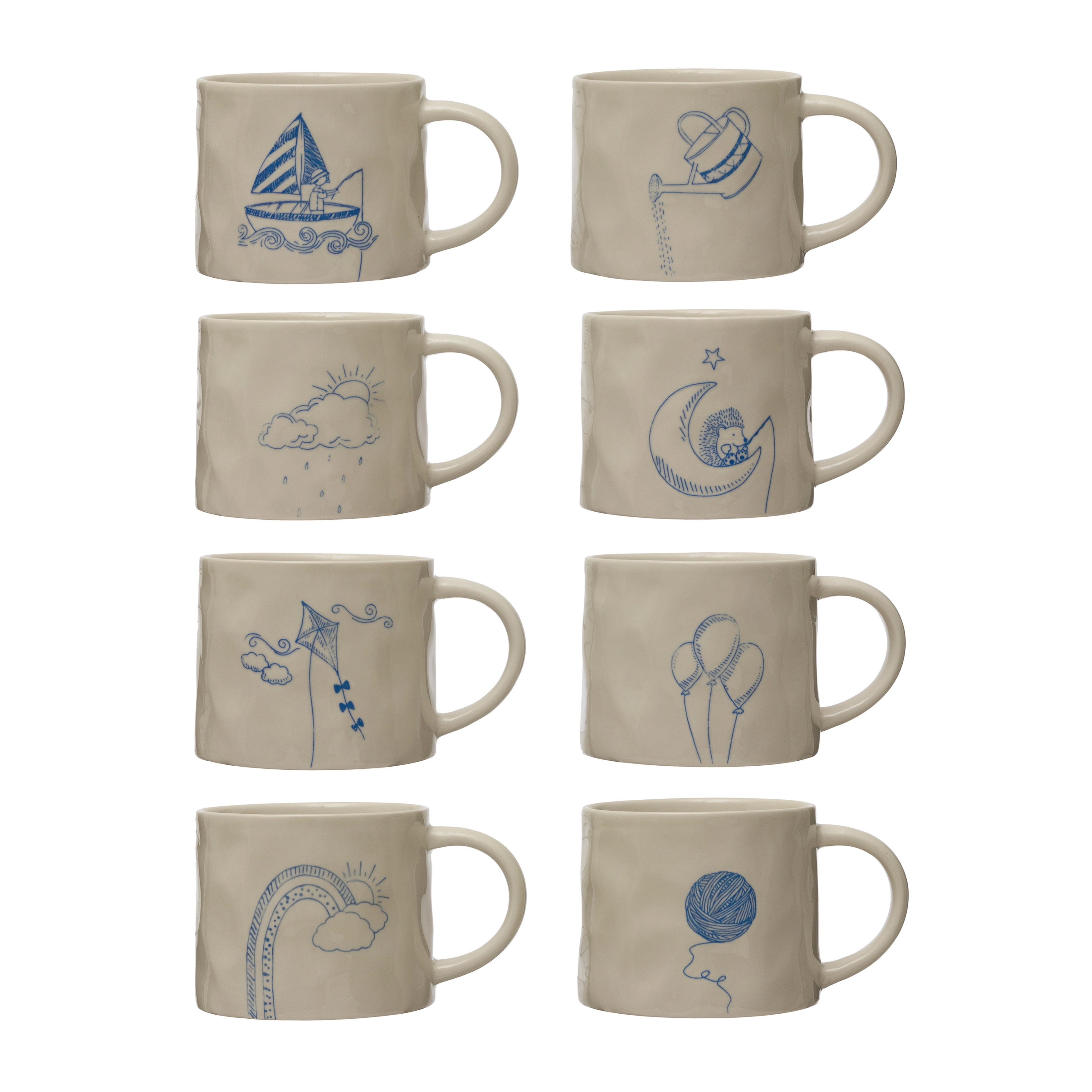 Creative Co-Op Stoneware Mug with Wax Relief Illustration and Secret Image on Bottom, Cream and Blue, Set of 8 Styles