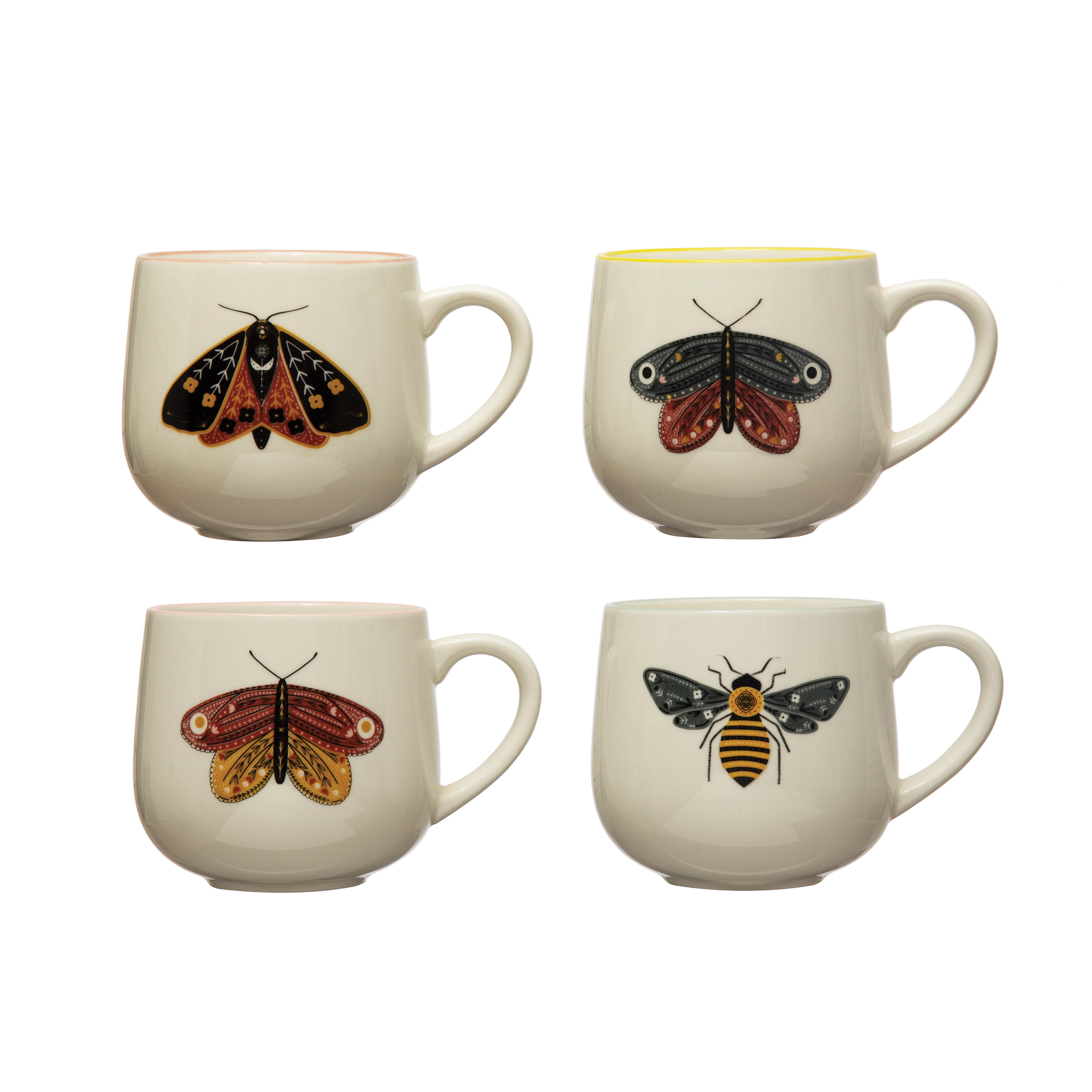 Set of Four White Ceramic Mugs with Winged Insects