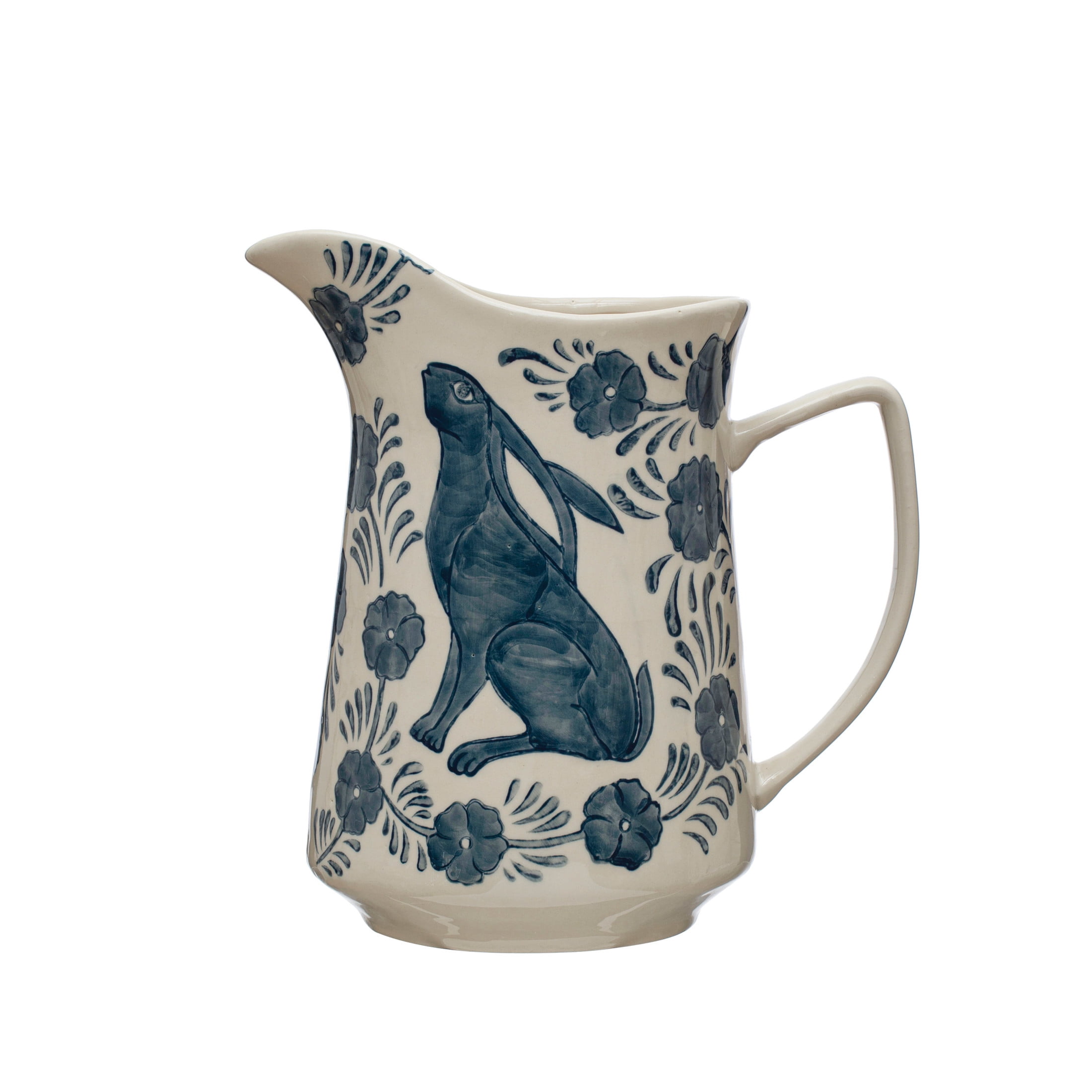 Blue and Cream Stoneware Pitcher with Rabbit and Florals