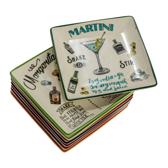 Creative Co-Op Stoneware Plate Set with Cocktail Recipes Design Styles, Multicolor, Set of 8