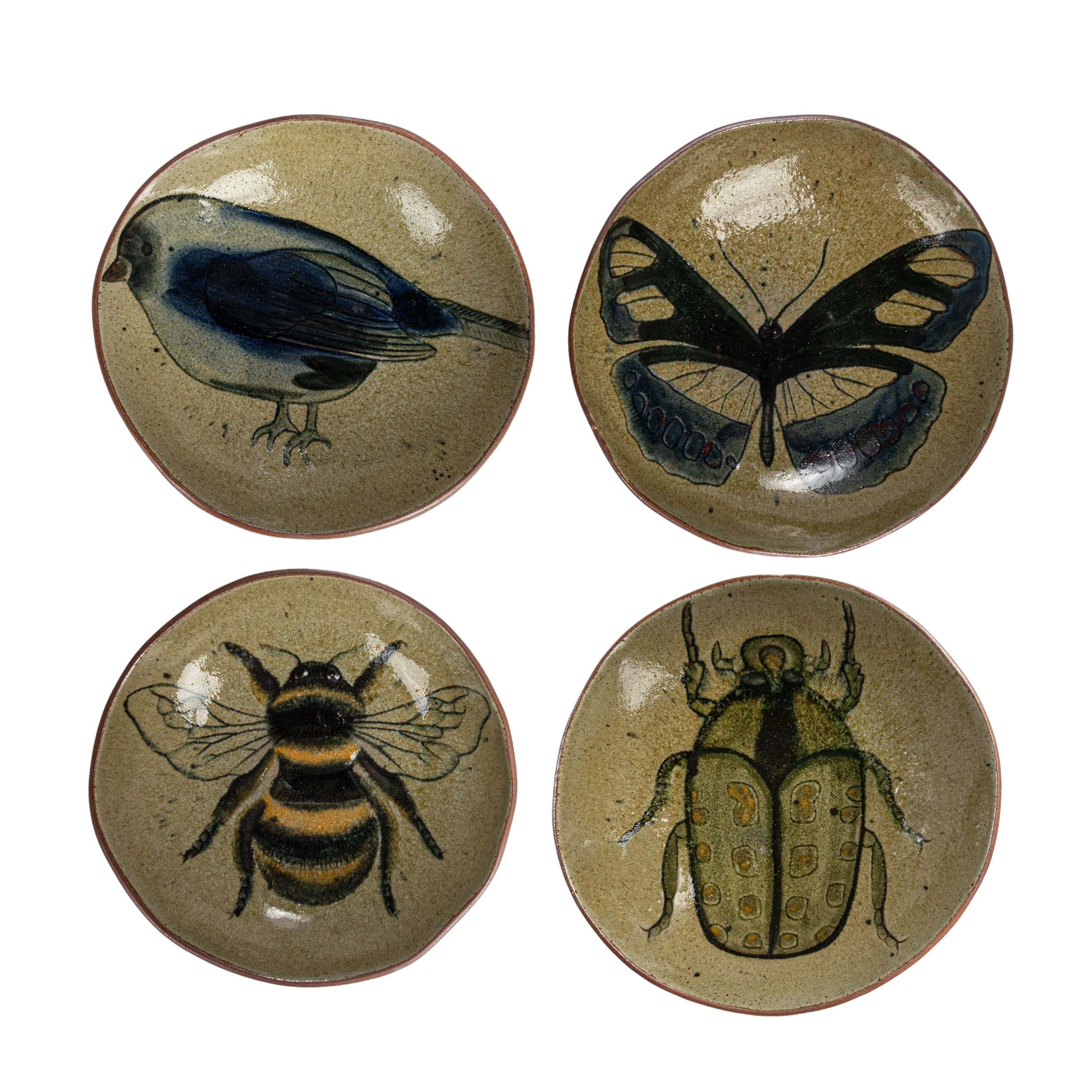 Multicolor Ceramic Appetizer Plates with Insect and Bird Designs, Set of 4