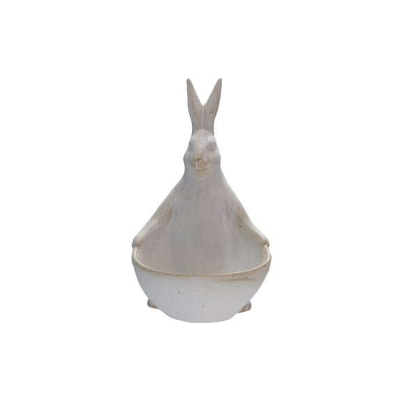 Creative Co-Op Stoneware Rabbit with Bowl, Reactive Glaze, White (Each One Will Vary)