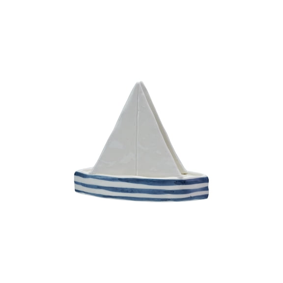 Creative Co-Op Stoneware Sailboat Shaped Napkin Holder with Stripes, Blue and White