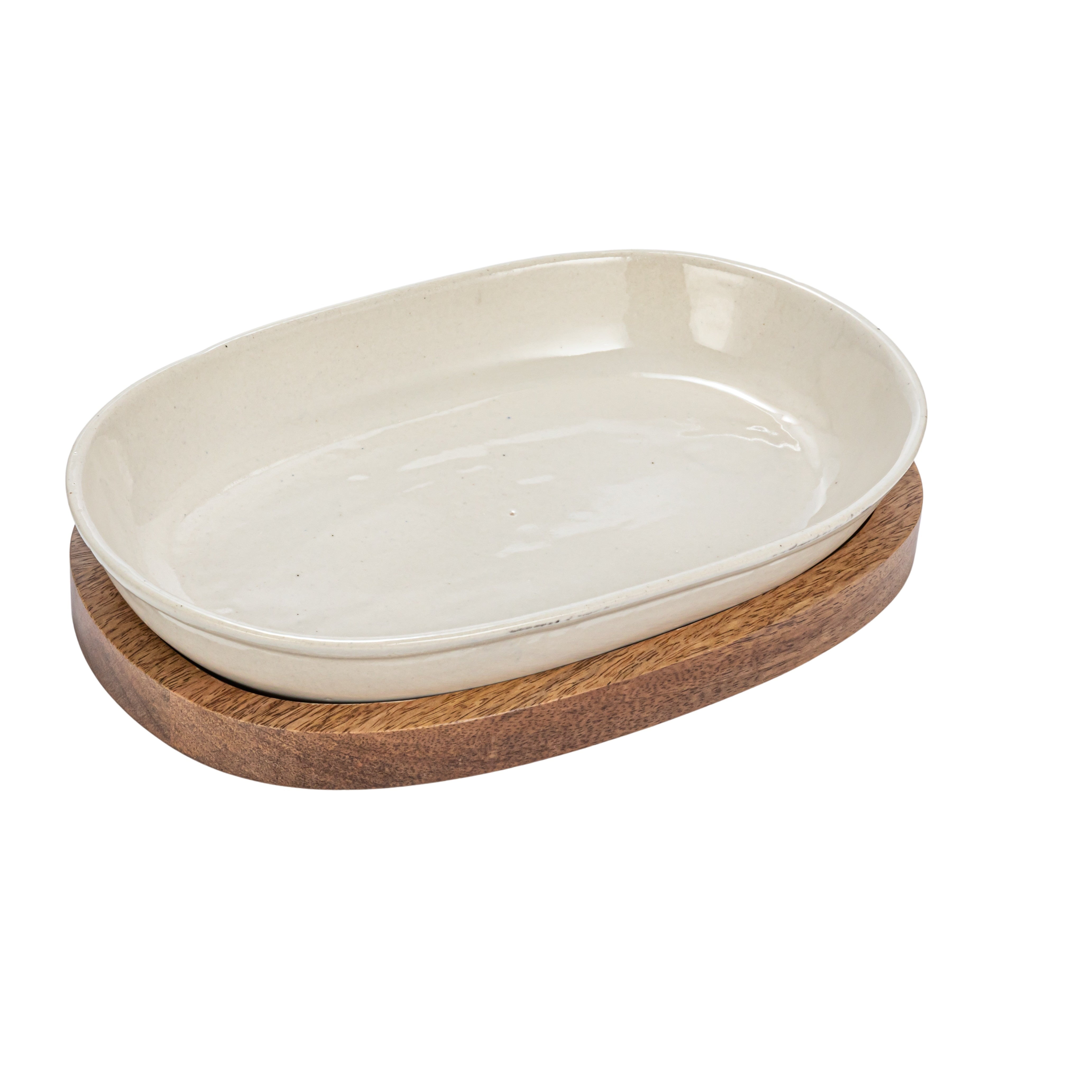 Cream Stoneware Serving Dish with Mango Wood Base