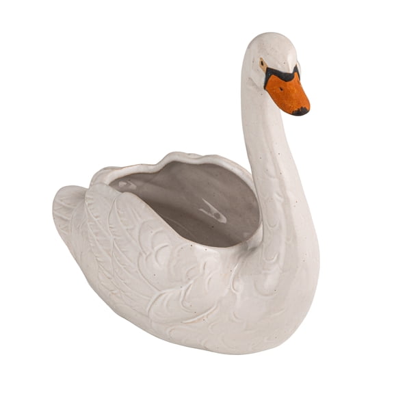 Creative Co-Op Stoneware Swan Planter, White, Black and Orange