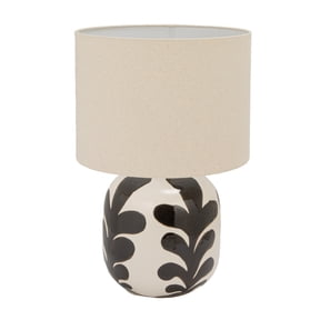 Creative Co-Op Stoneware Table Lamp with Abstract Design, Linen Shade and Inline Switch, Black and Cream