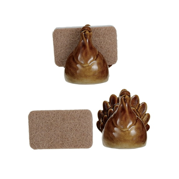 Creative Co-Op Stoneware Turkey Shaped Sponge Holder with Sponge and Reactive Glaze, Brown, Set of 2