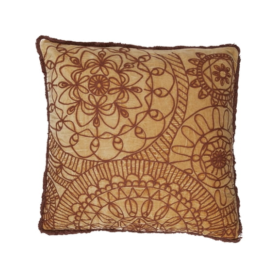 Creative Co-Op Stonewashed Cotton Velvet Pillow with Embroidery, Chambray Back and Eyelash Fringe