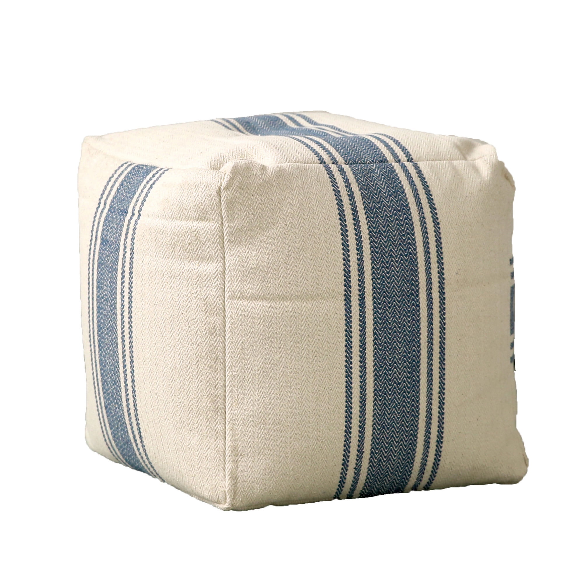 Coastal Charm Cream & Blue Stripe Square Metal Pouf