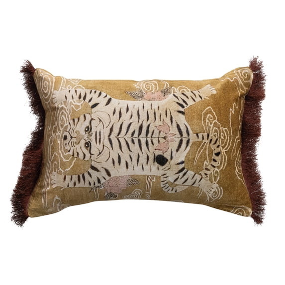 Creative Co-Op Tibetan Tiger Print Fringe Cotton Velvet Lumbar Pillow ...