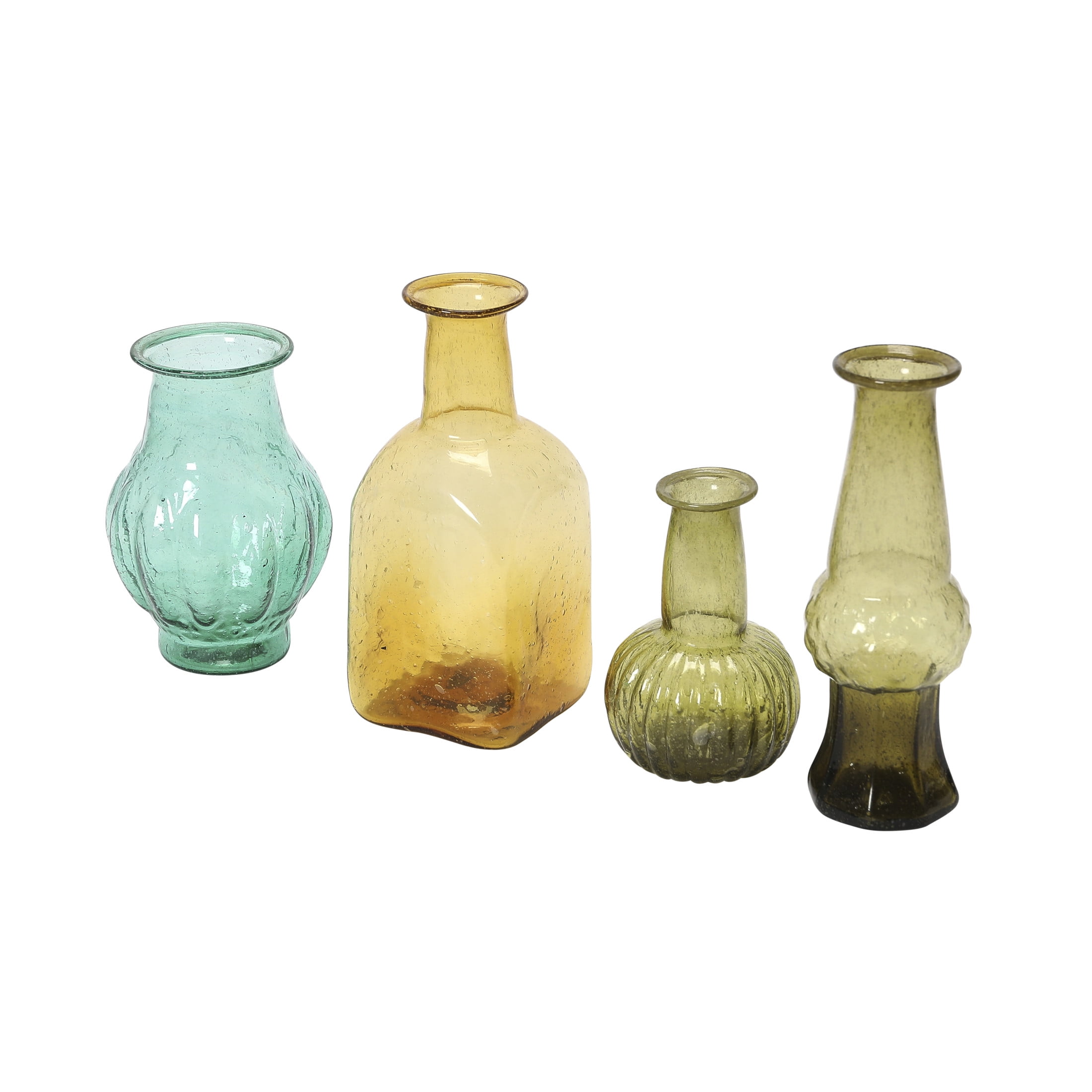 Hand-Blown Teal and Amber Glass Bud Vases, Set of 4