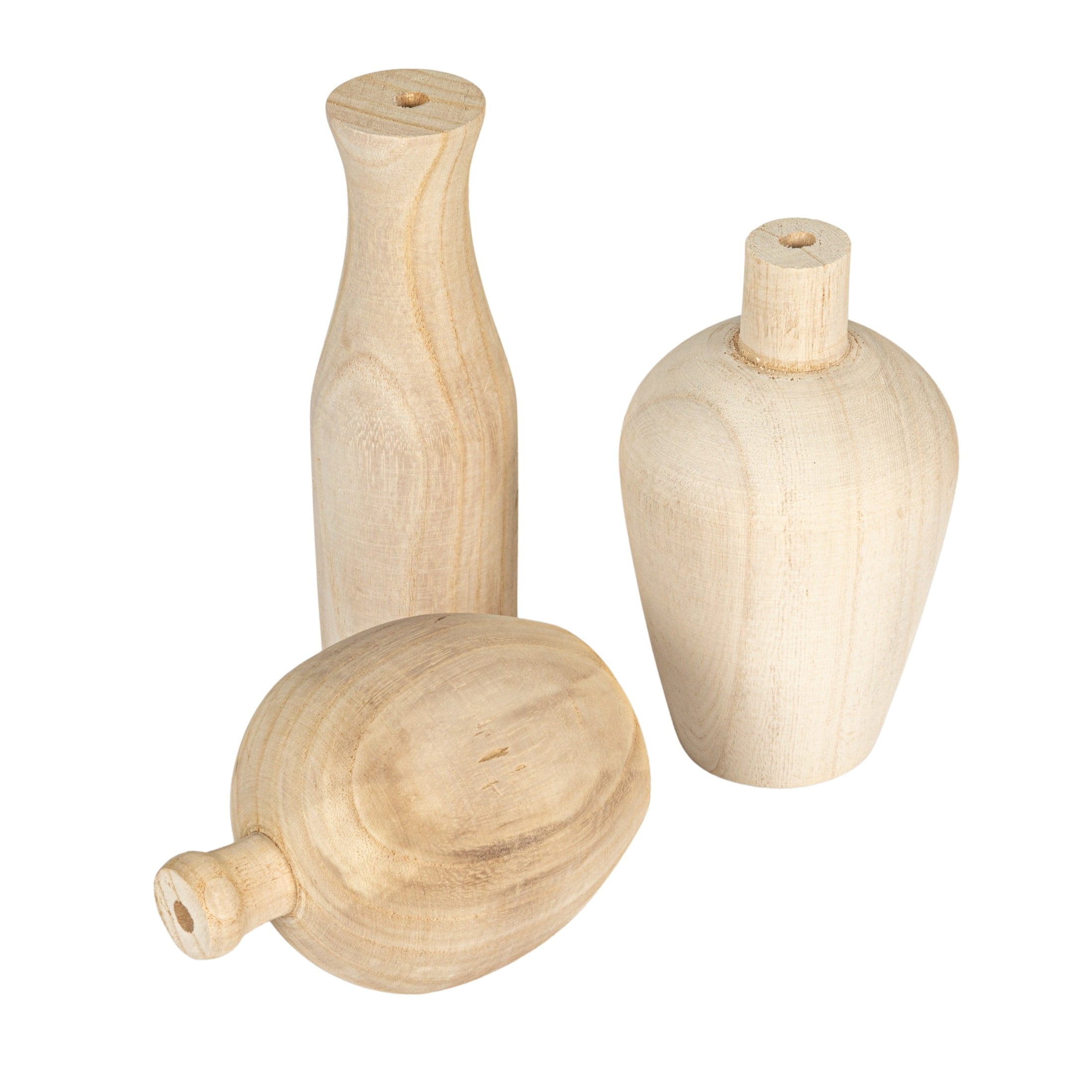 Set of 3 Light Wood Bottle and Gourd Shaped Vases