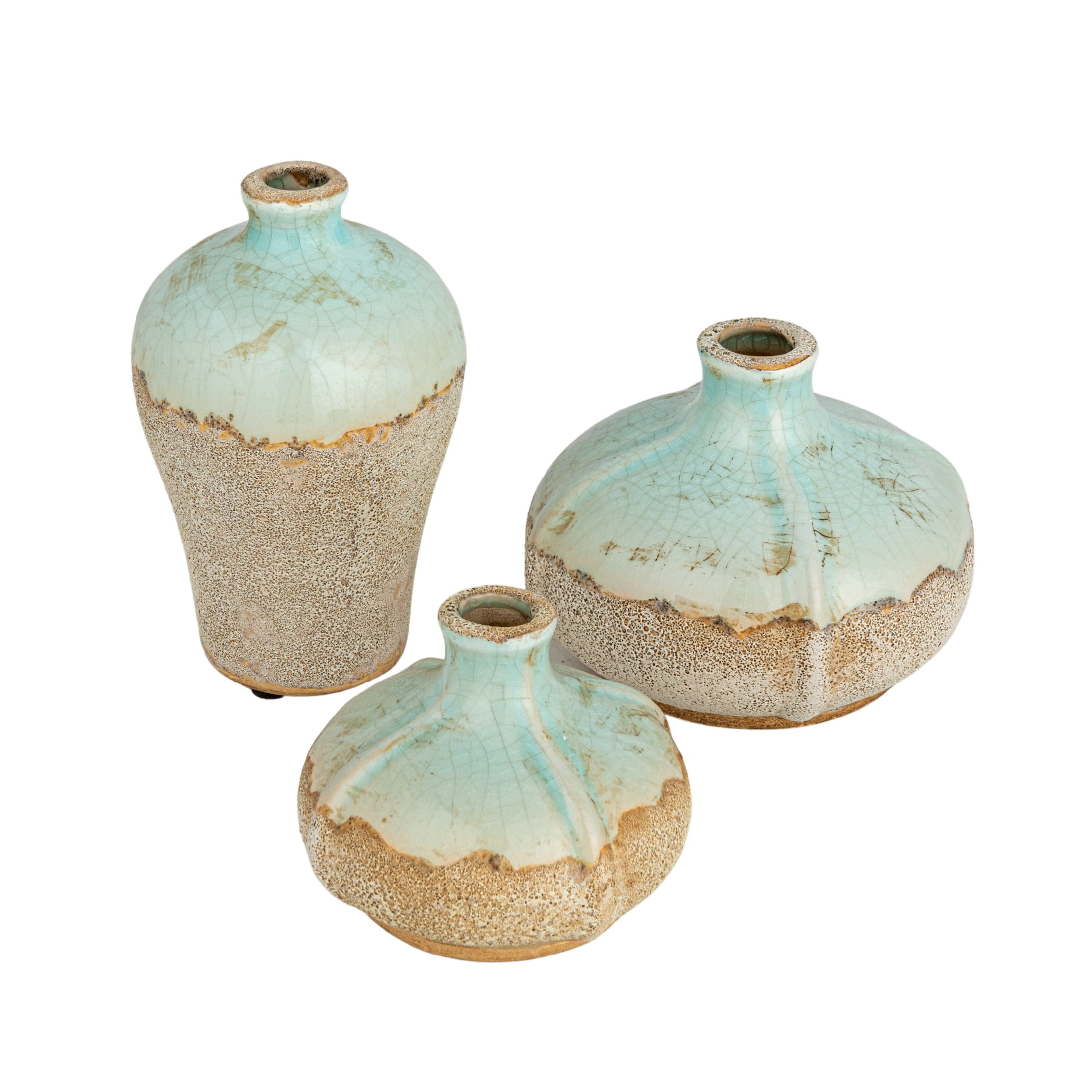 Set of 3 Distressed Aqua and Beige Ceramic Table Vases