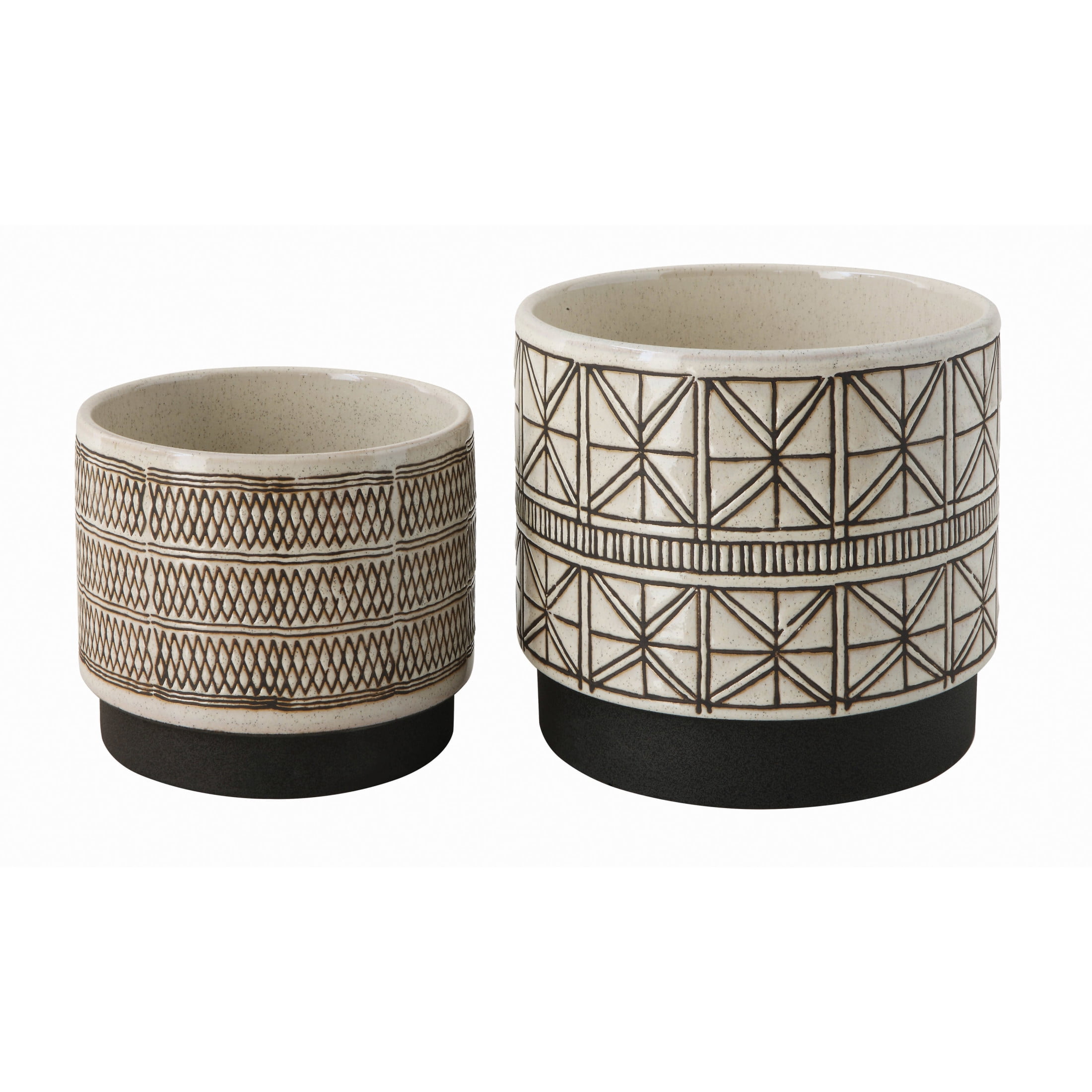 Set of 2 White and Brown Geometric Stoneware Planters