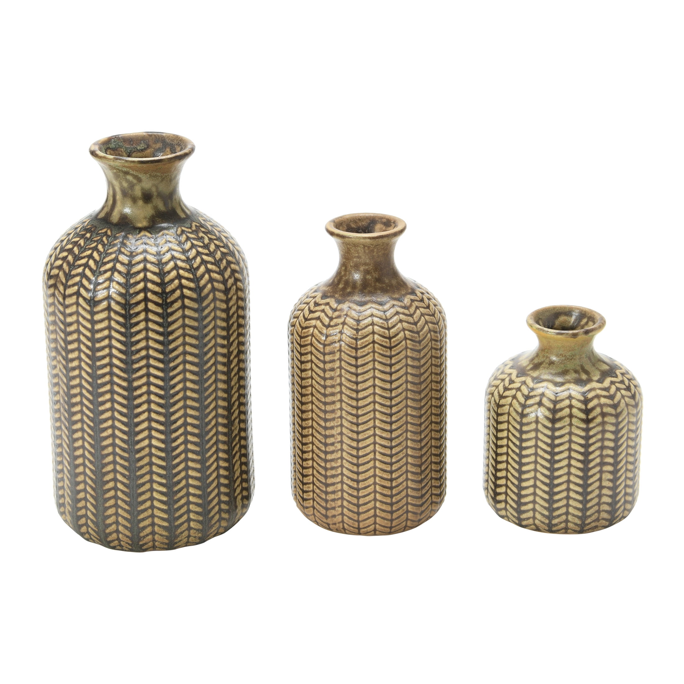 Set of 3 Olive Green Ceramic Embossed Vases