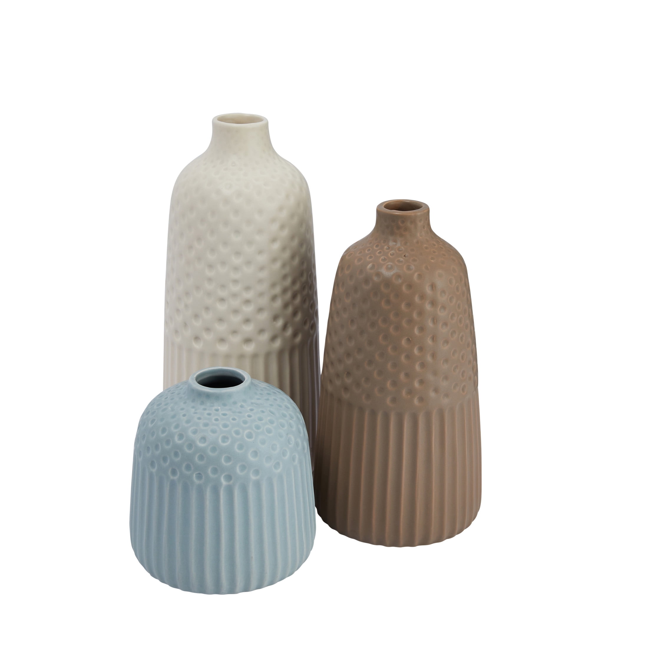 Cream, Brown, and Aqua Ceramic Textured Table Vases Set