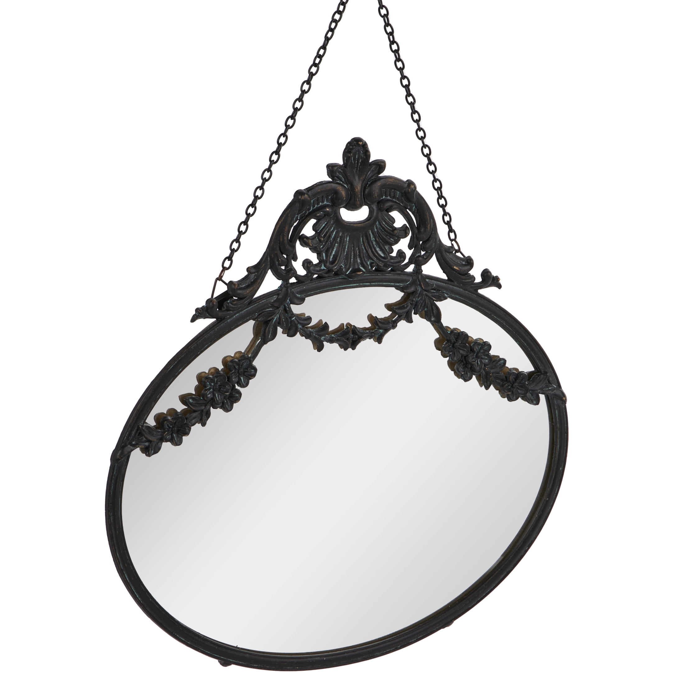 Vintage Black Pewter Round Wall Mirror with Decorative Chain