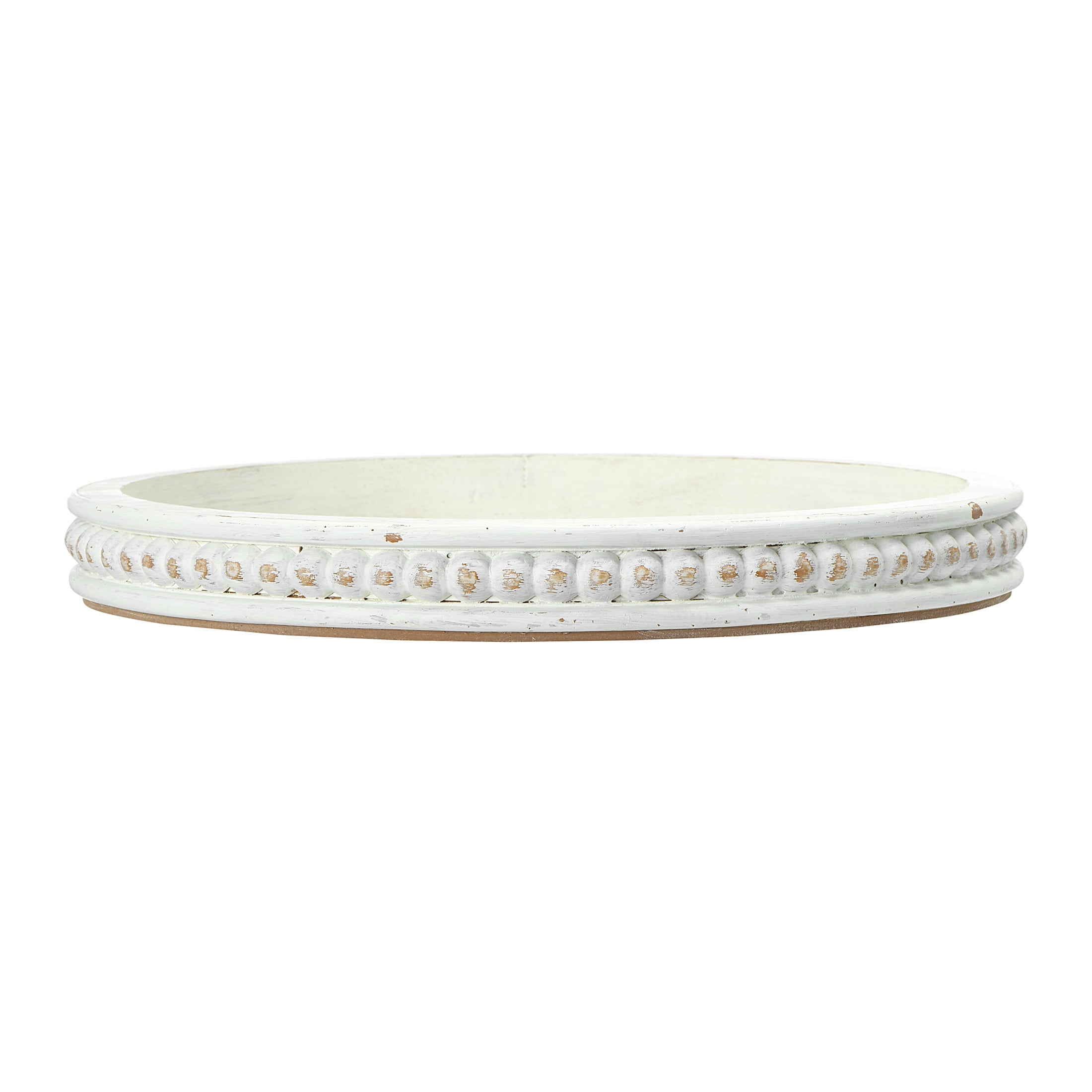 White Distressed Round Wood Decorative Tray