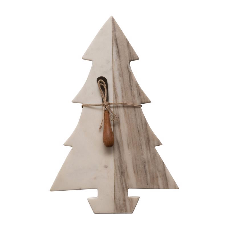 White and Buff Marble Christmas Tree Cheese Board with Wood Knife