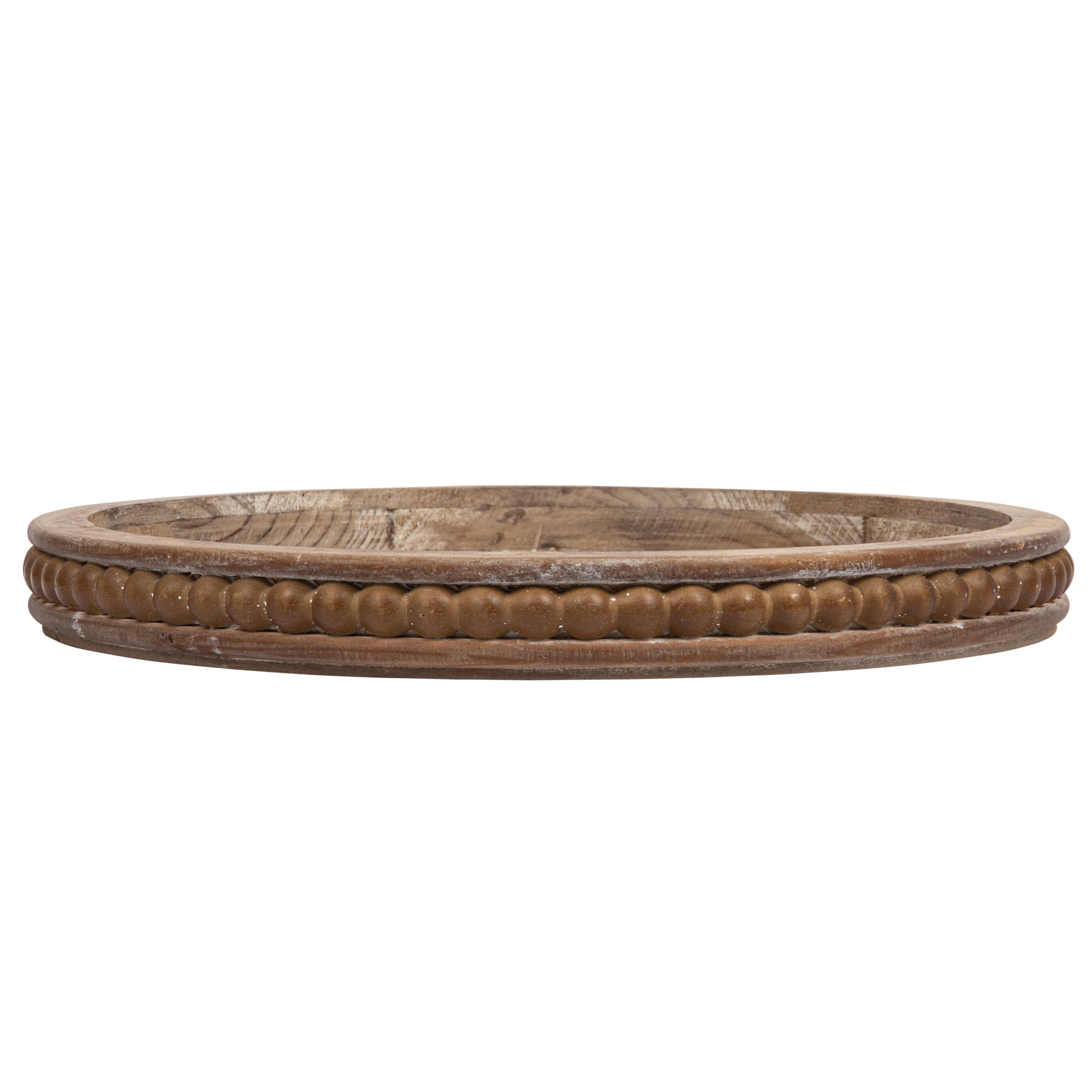 Whitewashed Round Decorative Wood Tray with Beaded Edge